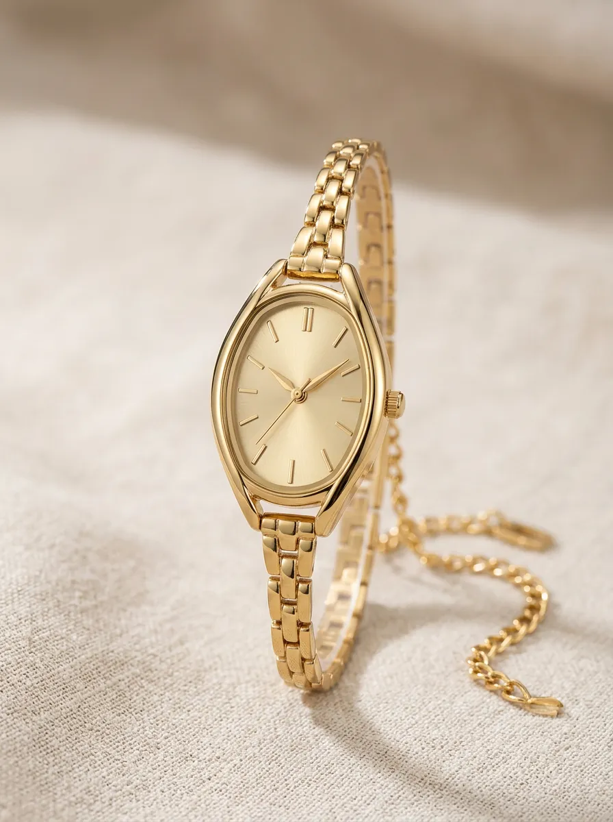Gold-tone Oval Case Link Bracelet Watch