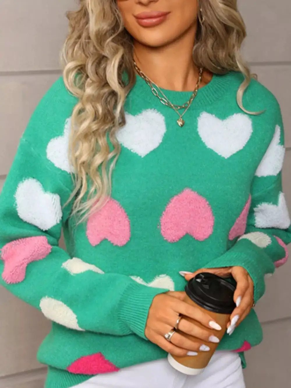 Valentine's Day Heart Pattern Fuzzy Knit Sweater