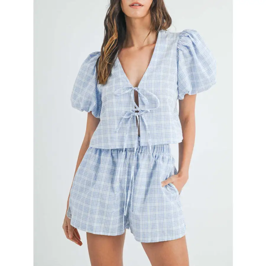 V Neck Puff Sleeve Top and Shorts Set