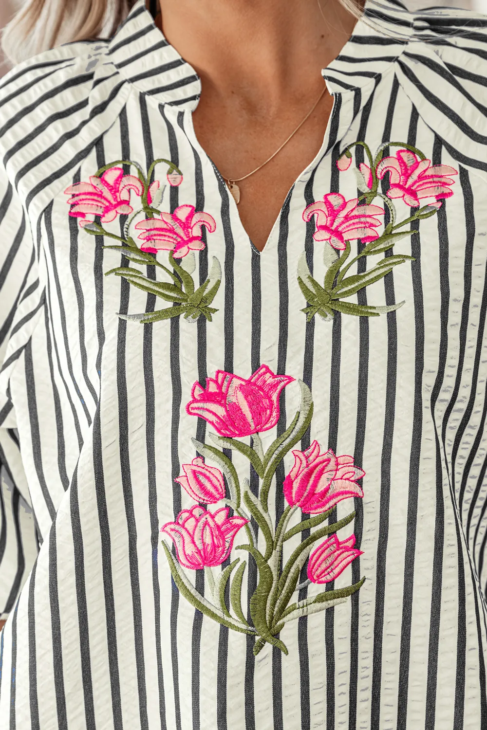 Blue Stripe Floral Embroidered Detail Blouse
