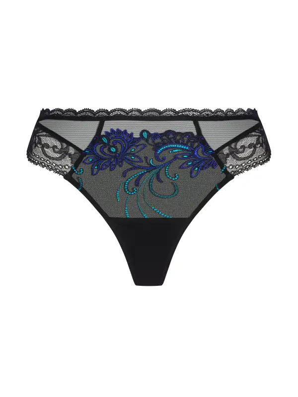 Women's High Cut Seamless Elastic Waistband Cotton Gusset Scalloped Lace Embroidery Mesh Sheer Detail Cotton Soft Fabric Stretch Fit Tanga Panty