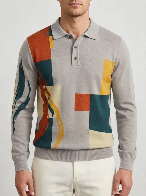 Men's Abstract Geometric Pattern Printed Long Sleeve Polo Shirt Relaxed Design