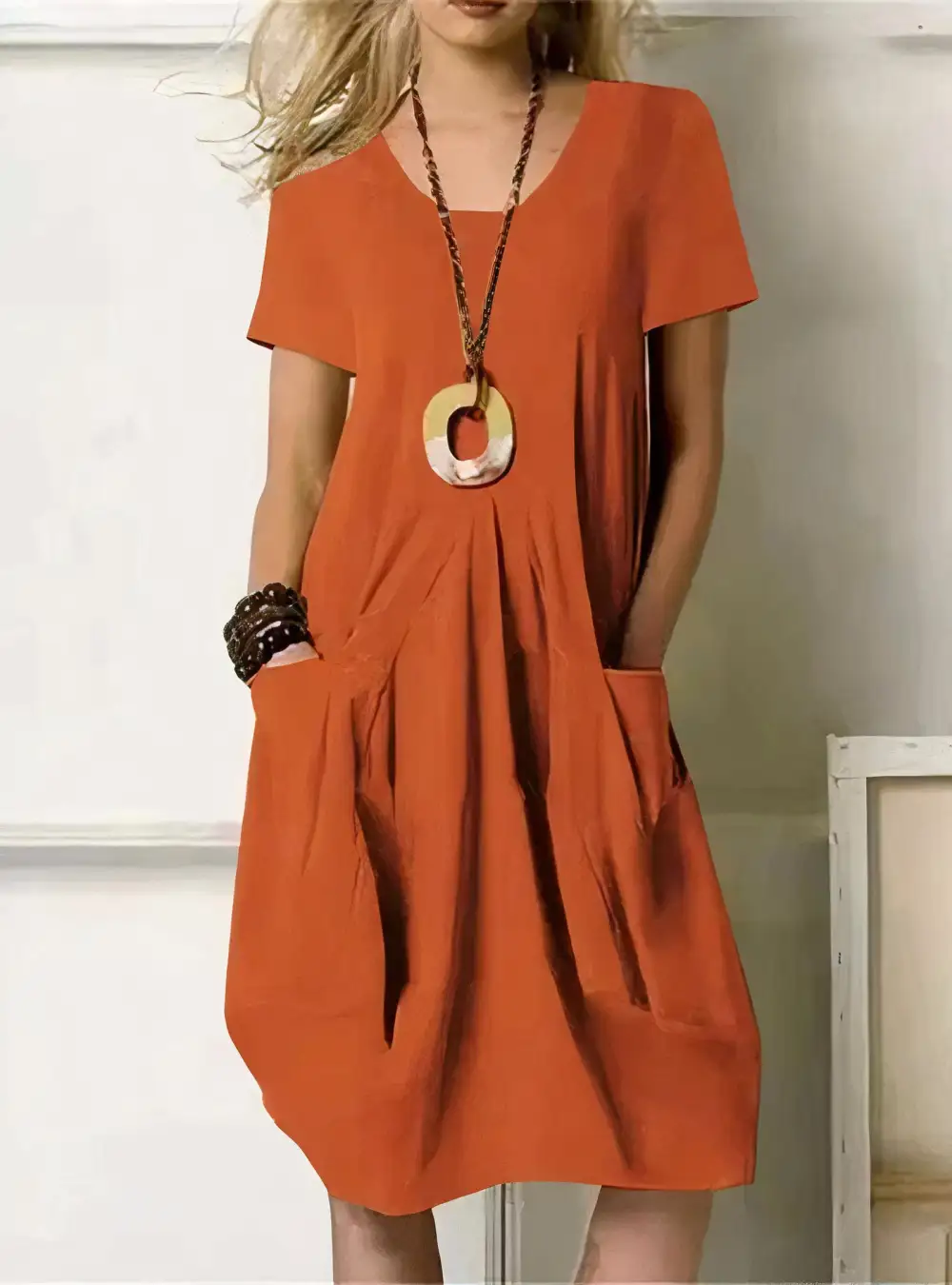  Casual Loose Pocket Midi Dress