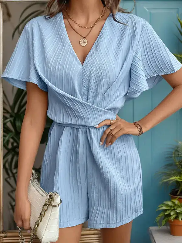 Ruffle Sleeve Lace Up Textured Jumpsuit