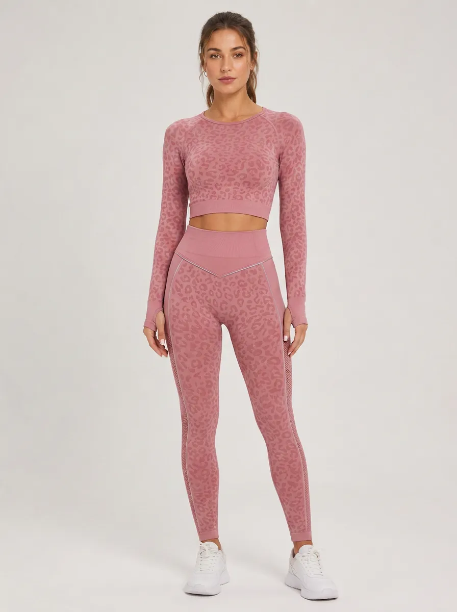 Women's Gym Fitness Pink Leopard Printed Yoga Set