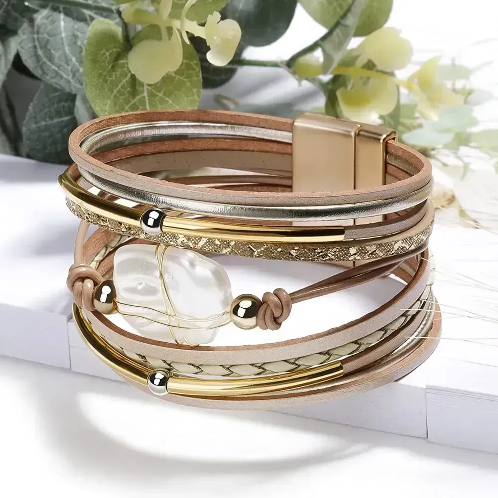 Fesciory Leather Wrap Bracelets for Women, Boho Leopard Multi-Layer Crystal Beads Cuff Bracelet Jewelry