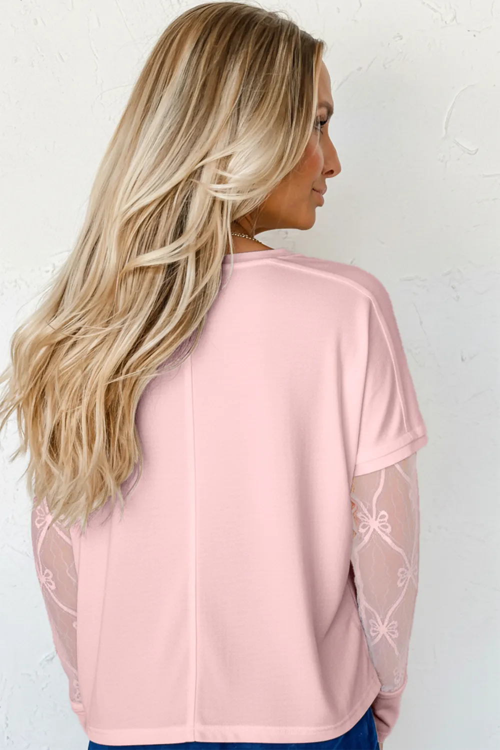Light Pink Bow Textured Patchwork Tee