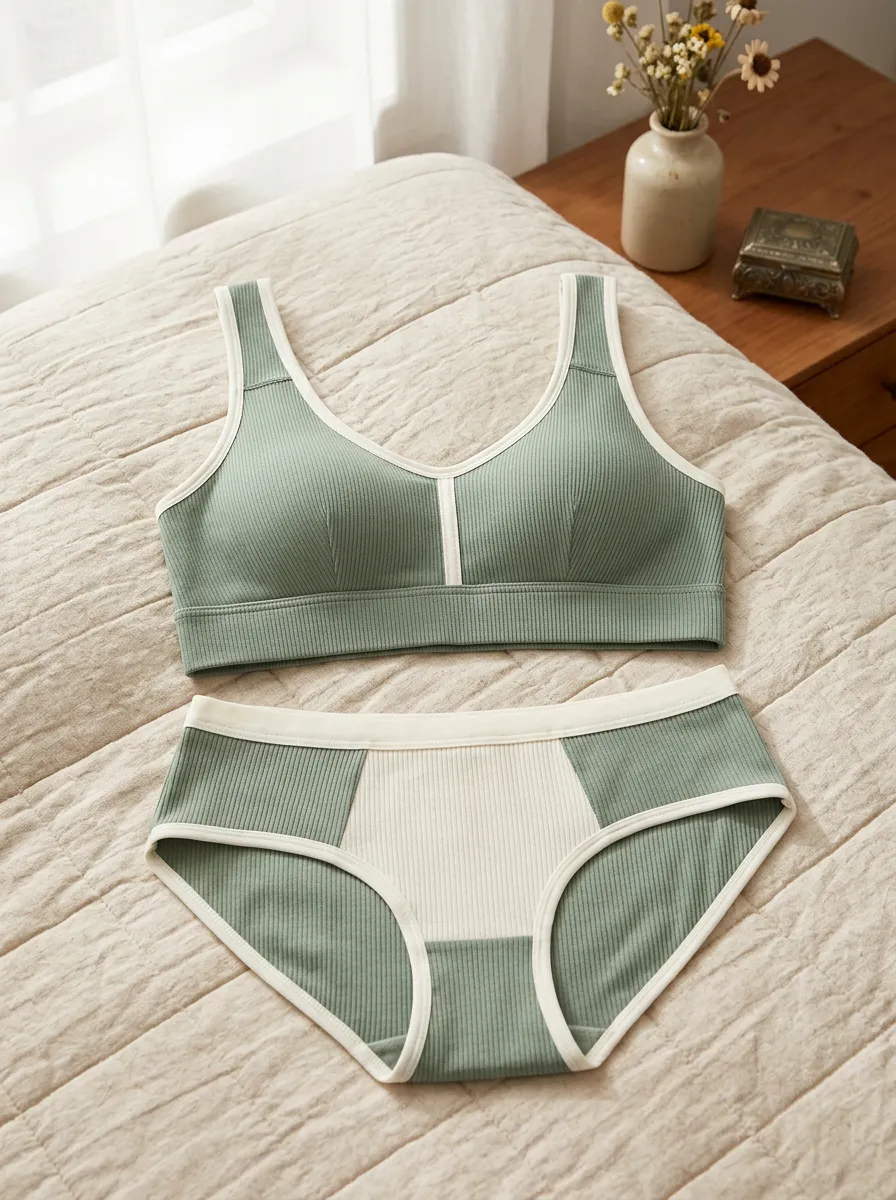 Women's Ribbed Colorblock And Ribbed Panel Detail Lingerie Set