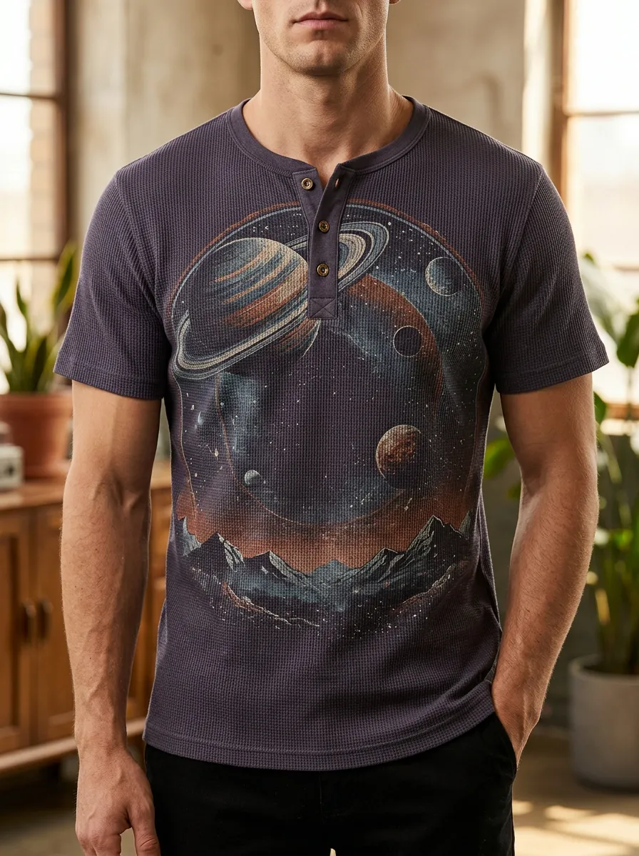 Men's Classic Space Astronomy Planet Mountain Henley T-Shirt