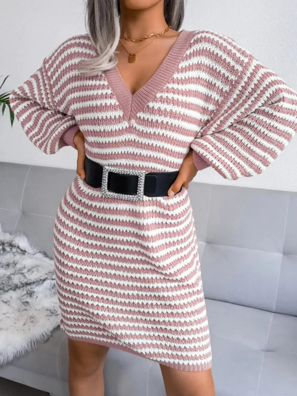 Striped V Neck Long Sleeve Sweater Dress