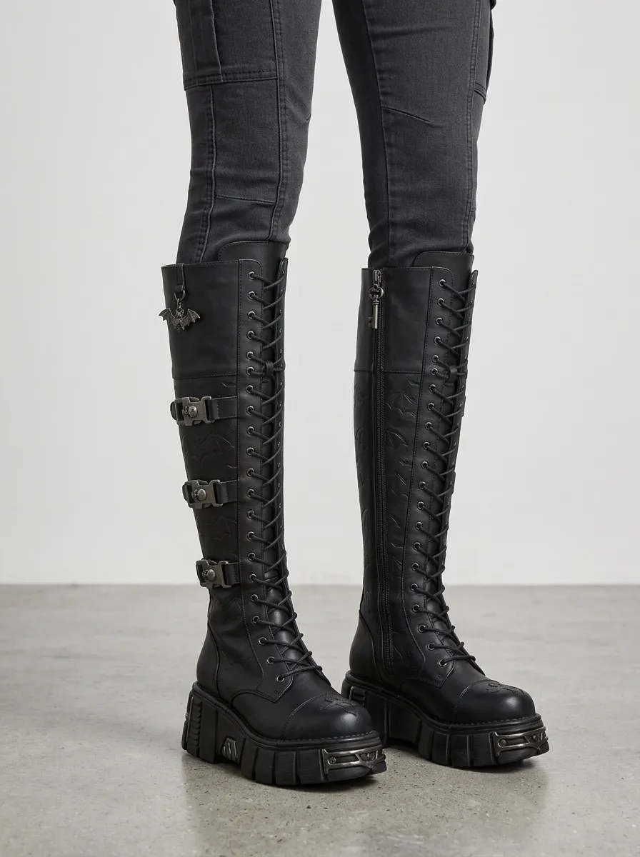 Classic Gothic Skull Bat Embossed Street Look Women's Gothic Platform Knee High Boots
