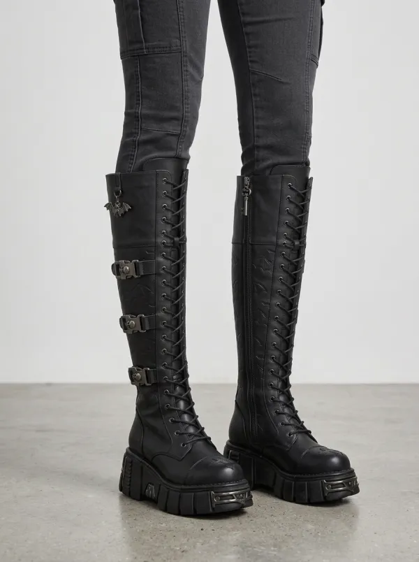 Classic Gothic Skull Bat Embossed Street Look Women's Gothic Platform Knee High Boots