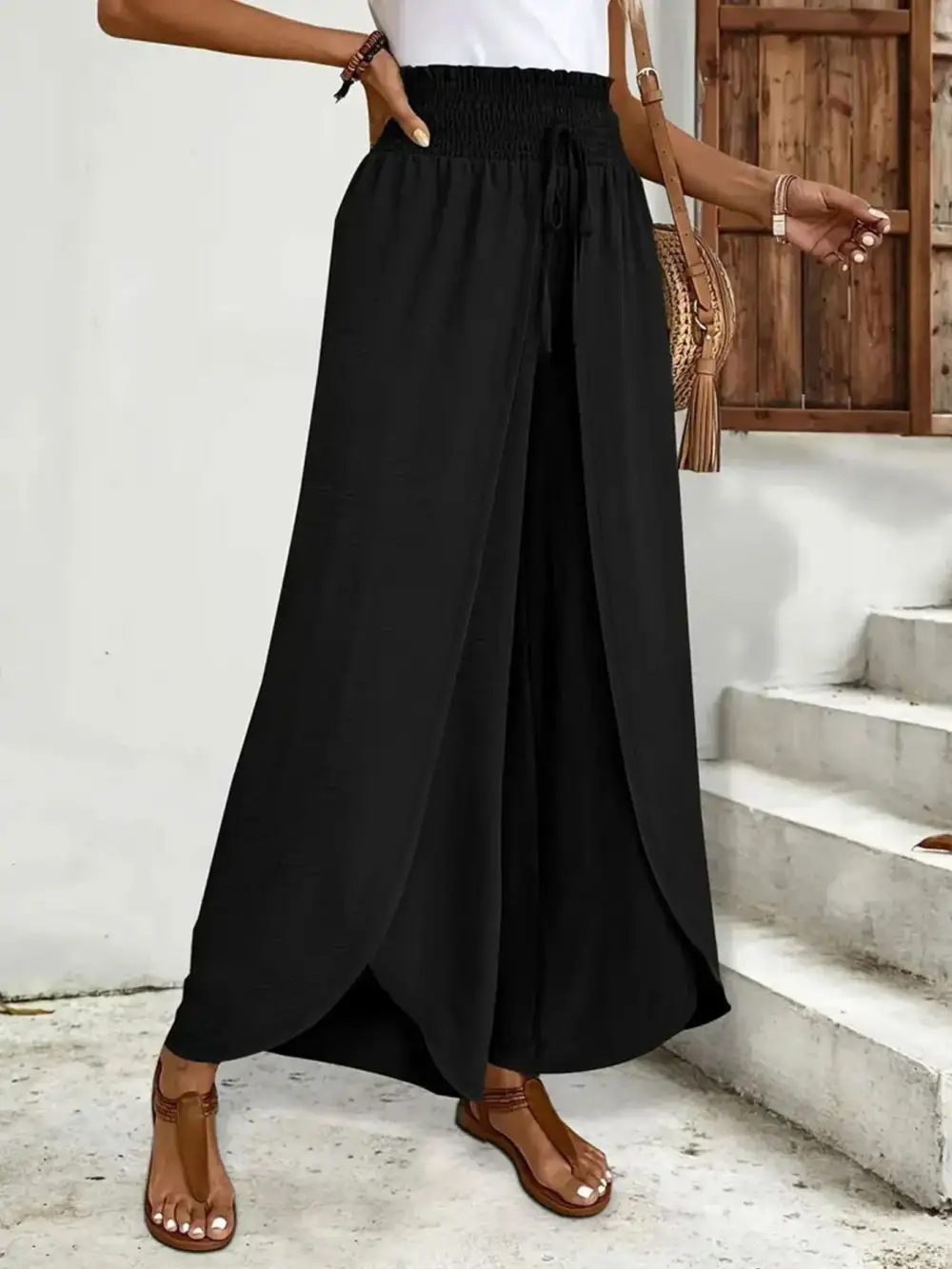 High Waist Slit Detail Smocked Waist Everyday Pants