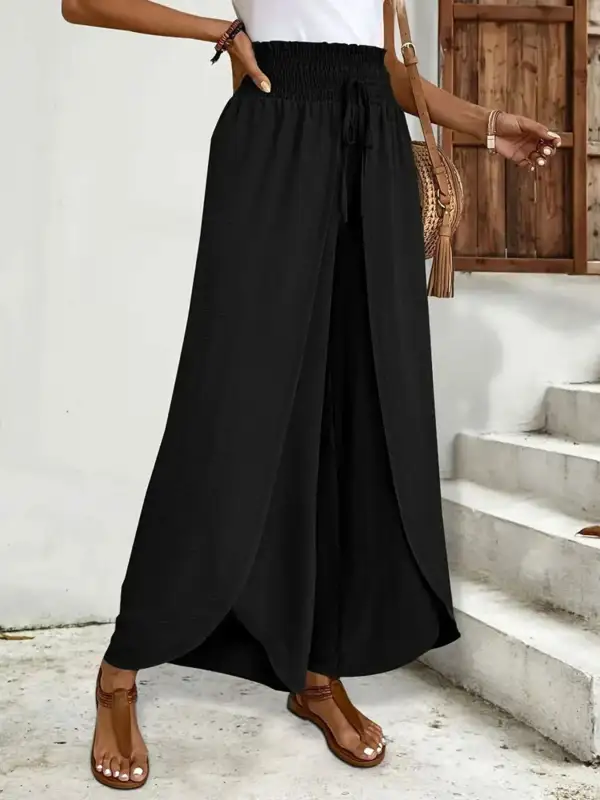 High Waist Slit Detail Smocked Waist Everyday Pants