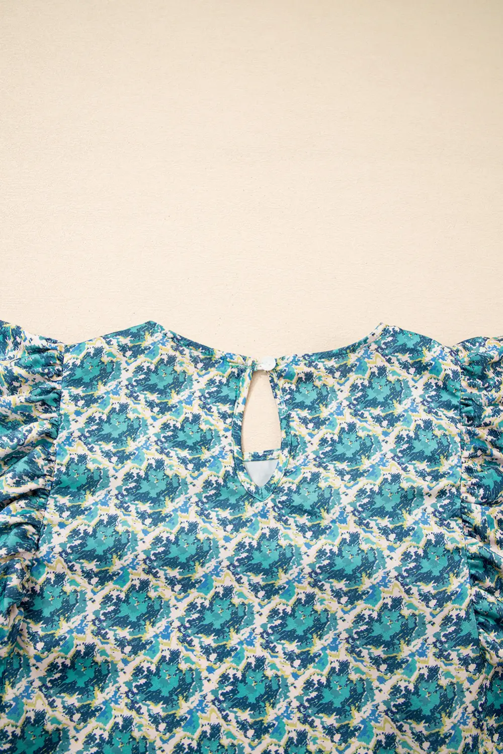 Green Abstract Print Shirred Cuff Puff Sleeve Blouse