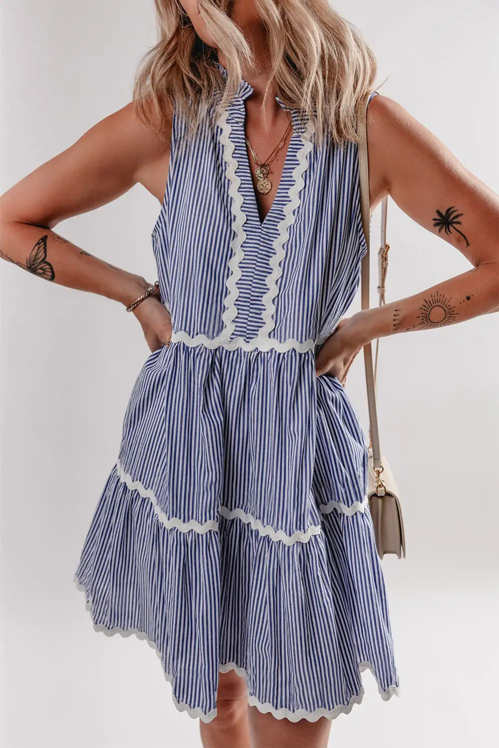Stripe Sleeveless Notched V Neck Contrast Ric Rac Mini Dress