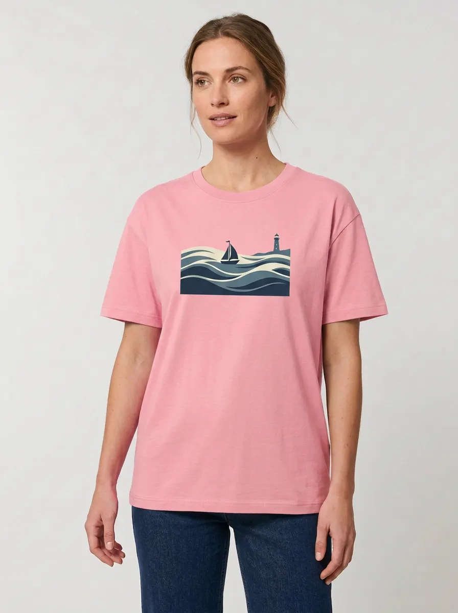 Women's Sailboat & Lighthouse Graphic Crewneck T-Shirt