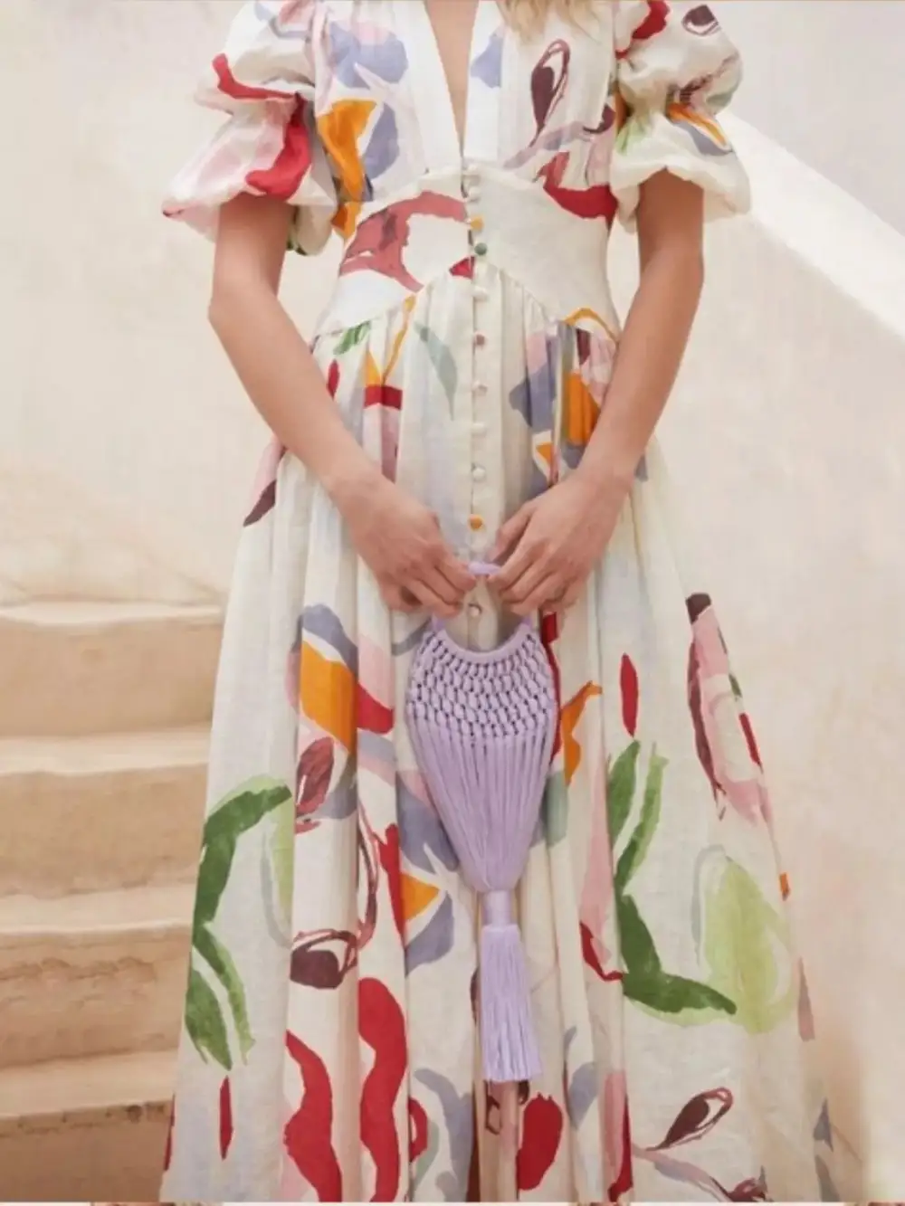 Abstract Print Puff Sleeve Midi Dress