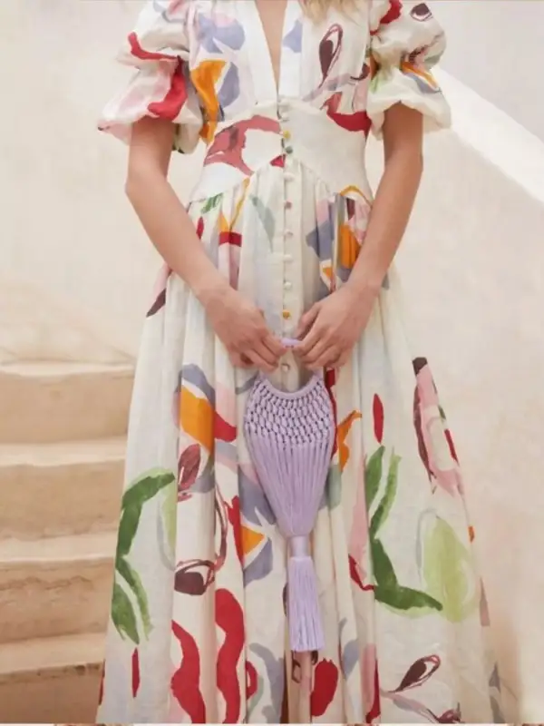 Abstract Print Puff Sleeve Midi Dress