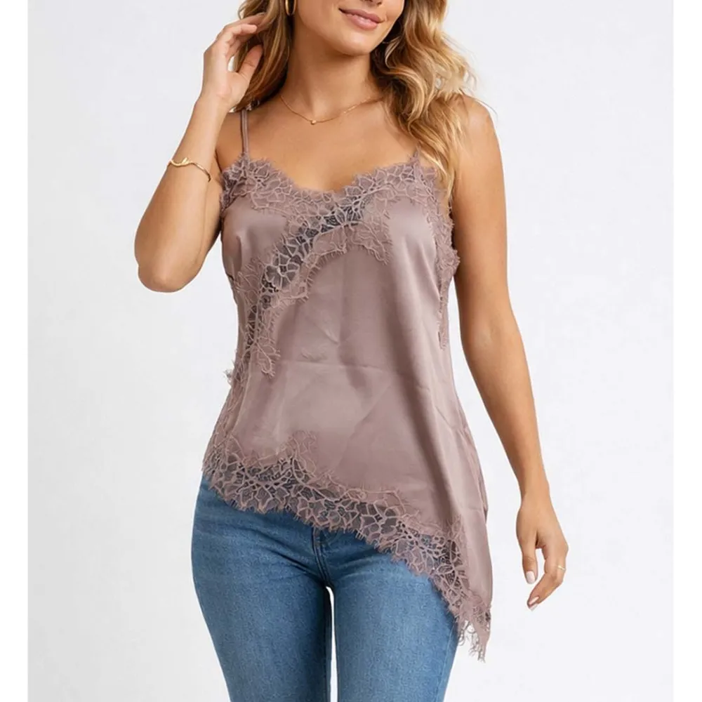 Satin Lace Trim V Neck Irregular Hem Cami Top
