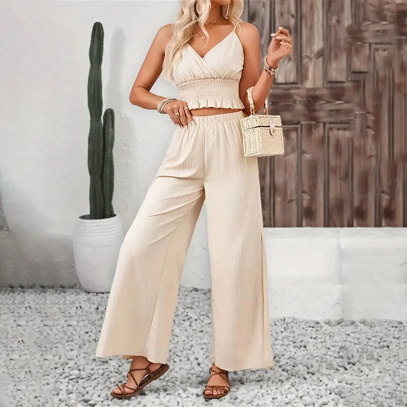 Refined Striped Ruffle Tank Top And Straight Leg Pants Set