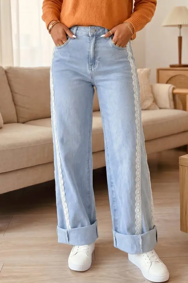 Women's Lace Trim Casual Full Length Regular Fit Jeans