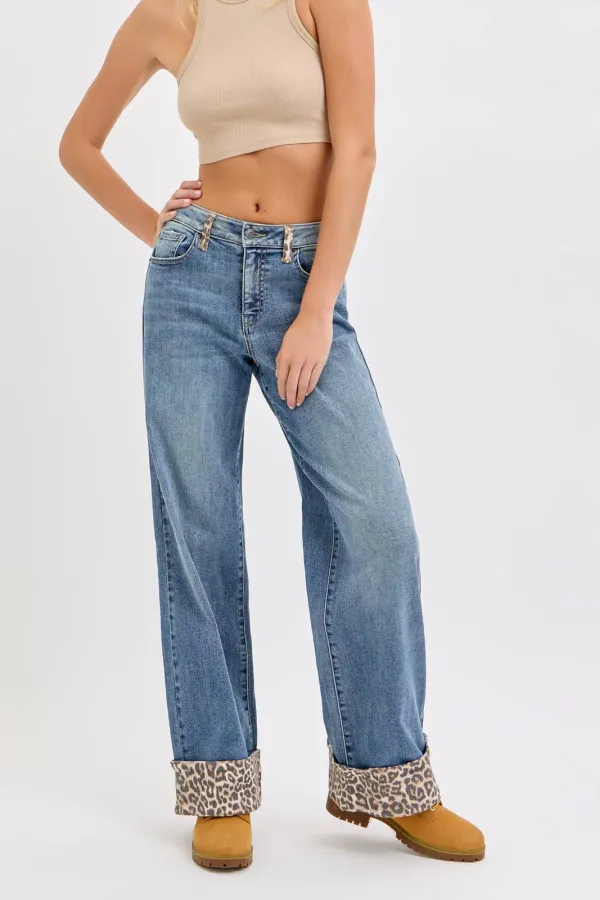 Women's Leopard-Cuff Mid-Rise Wide-Leg Jeans
