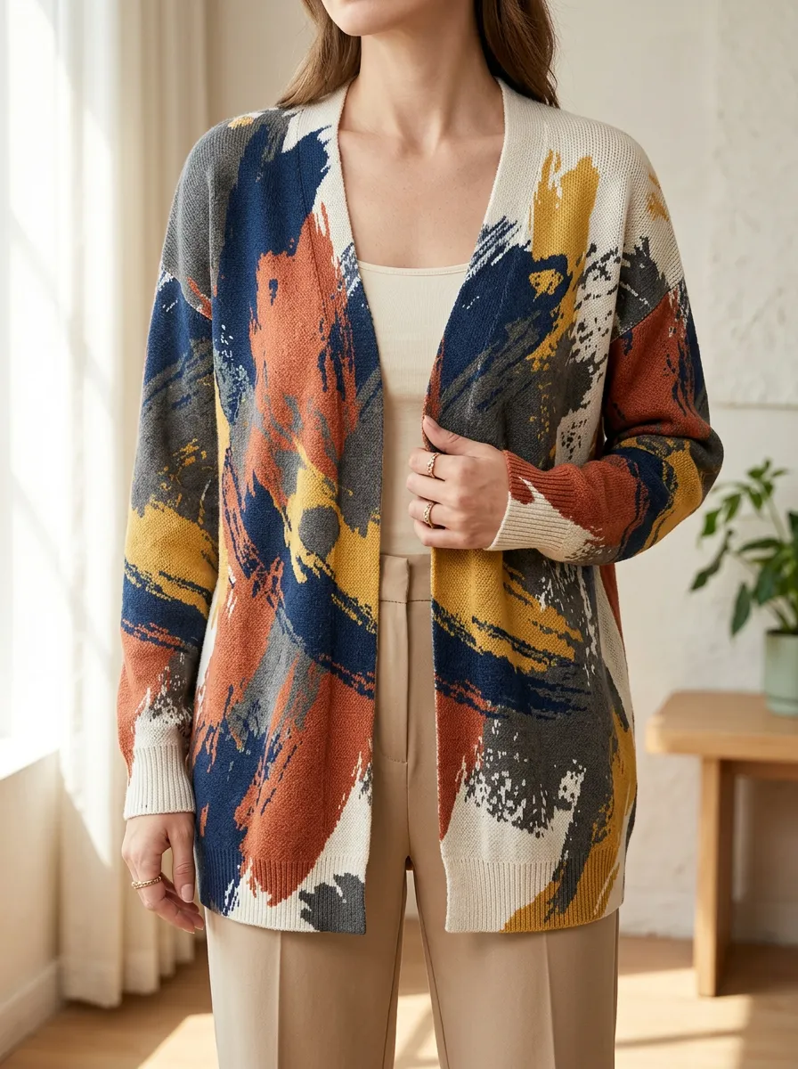 Women's Abstract Art Pattern Printed Ribbed Trim Relaxed Layering Cardigan