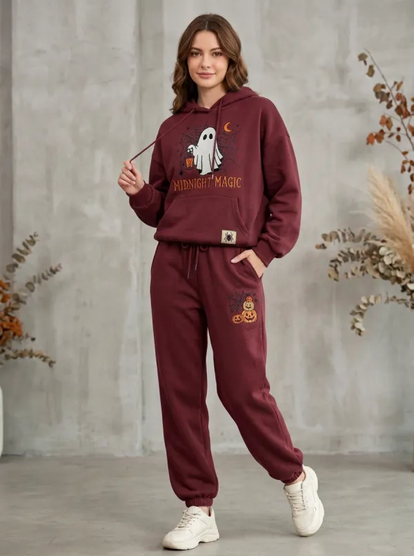 Women's Halloween Midnight Magic Ghost Pumpkin Printed Jogger Set