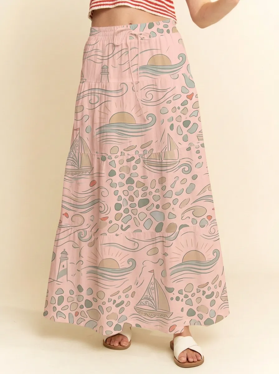 Women's Nautical Coastal Lighthouse Sailboat Graphic Maxi Skirt
