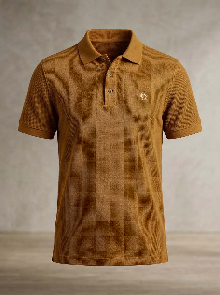 Waffle-Knit Geometric-Detail Embroidered-Detail Men's Polo Shirt