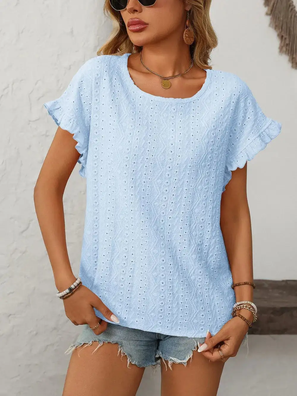 Mandy Eyelet Frill Round Neck Short Sleeve Top