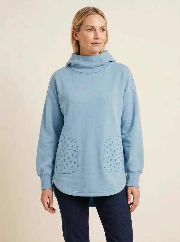 Women's Floral-Pattern Patch-Pocket Funnel-Neck High-Low Hoodie