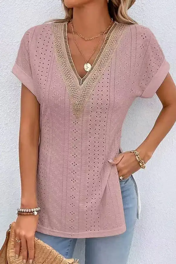 V Neck Patchwork Split Casual Tops