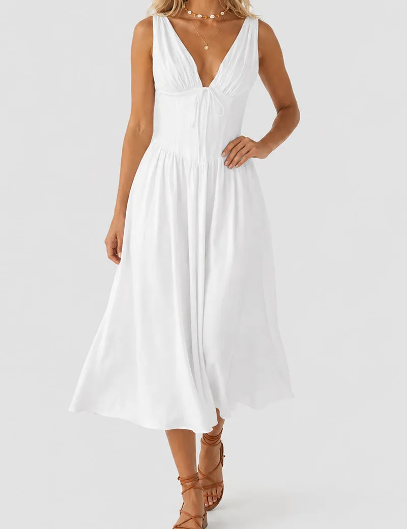 Deep V Neck Ruched Bust Midi Dress