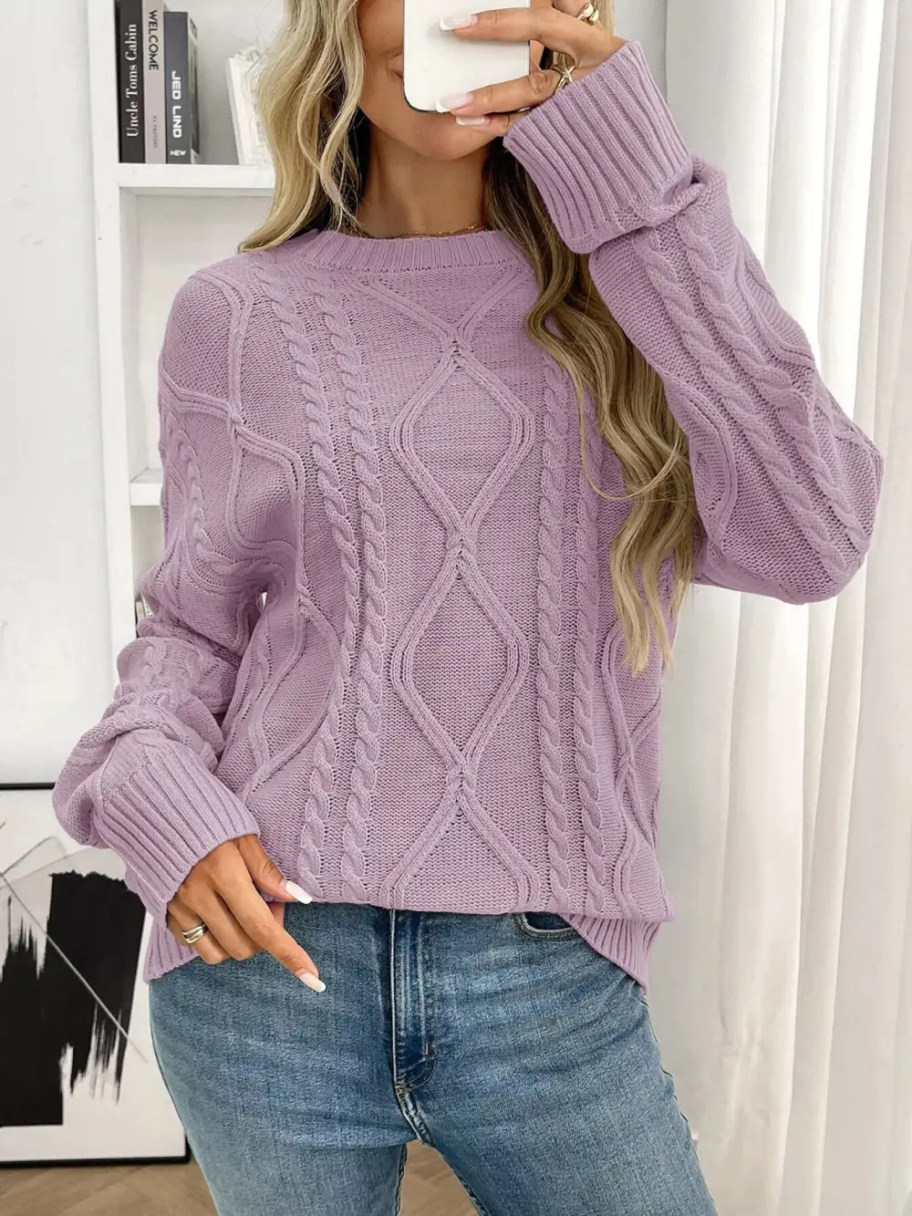 Long Sleeve Round Neck Cable Knit Sweater