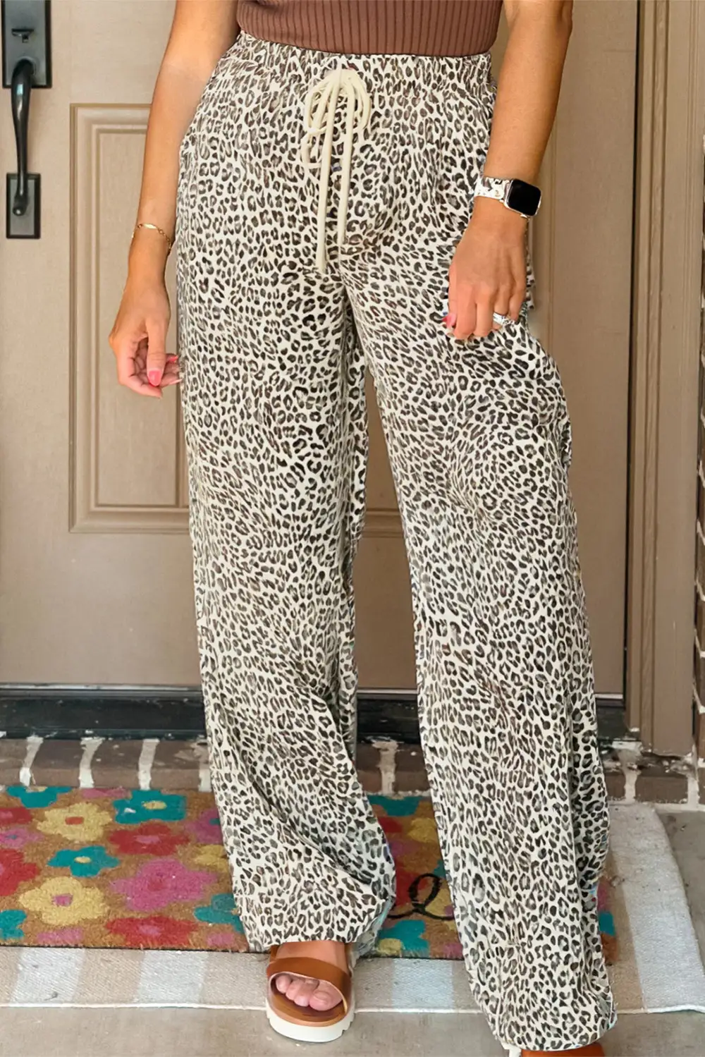 Leopard Drawstring Elastic Waistband Loose Trousers