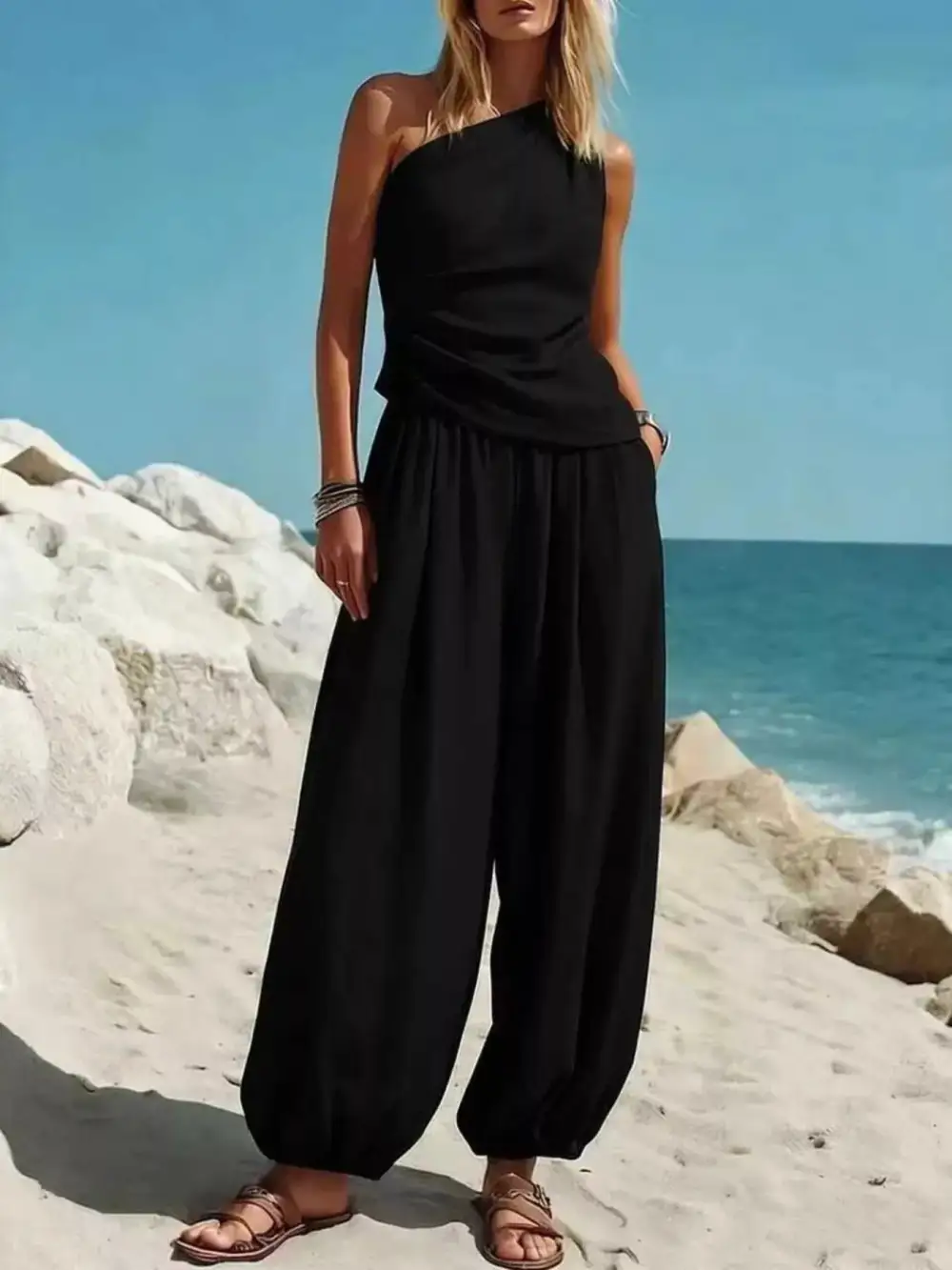 Full Size One Shoulder Top and Wide Leg Pants