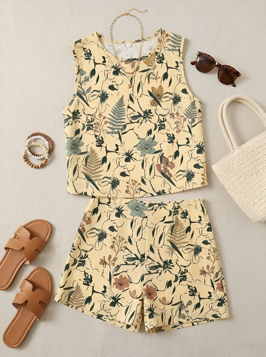 Women's Botanical Floral Fern Printed Sleeveless Shorts Set