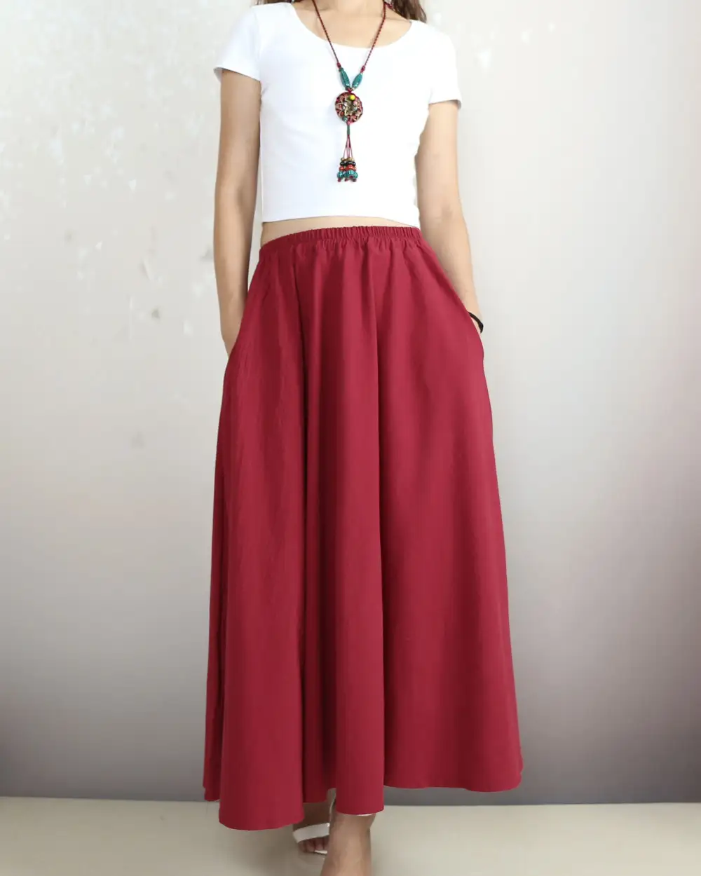 Boho Linen Flared Midi Skirt