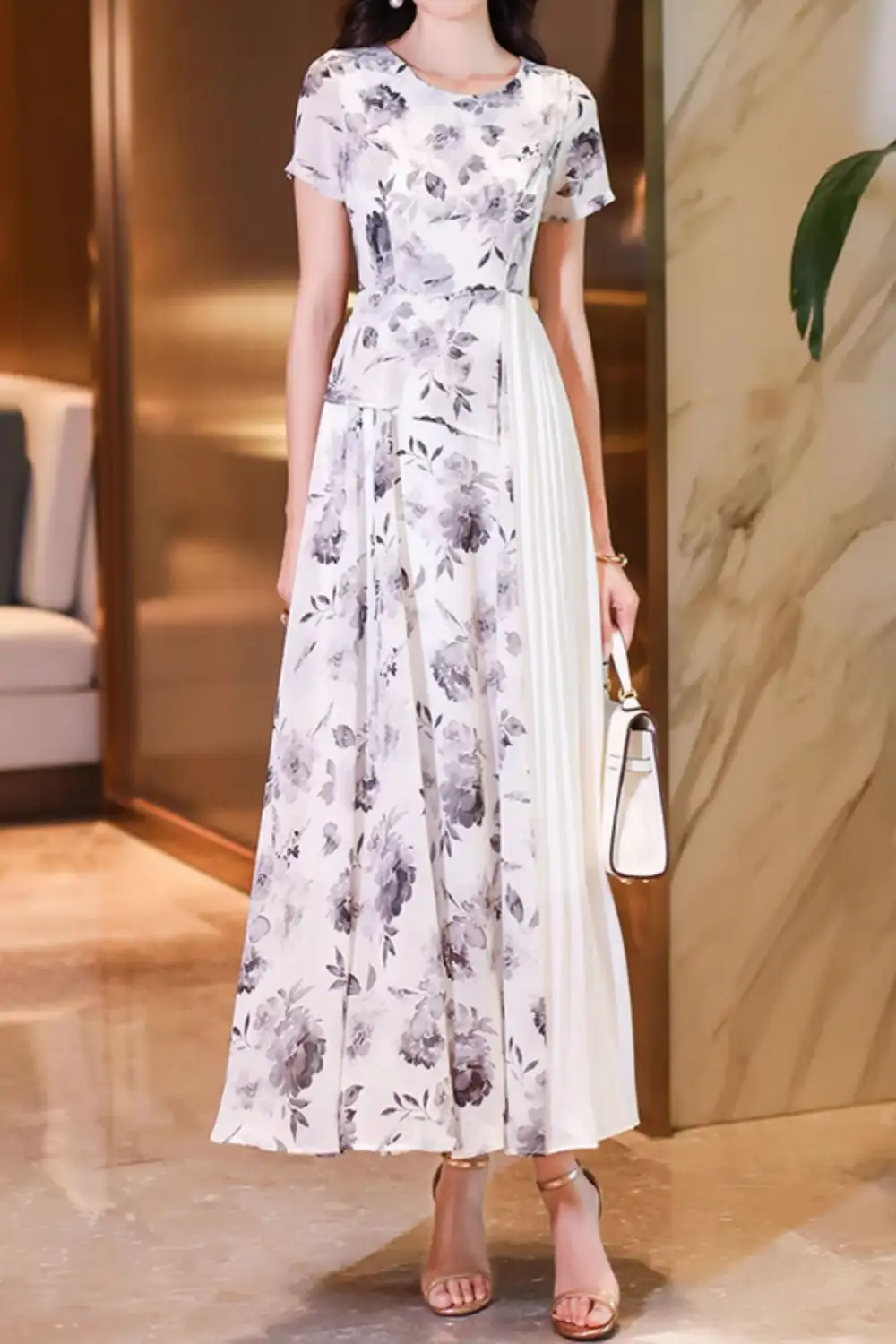 Floral Chiffon Pleated Short Sleeve Maxi Dress