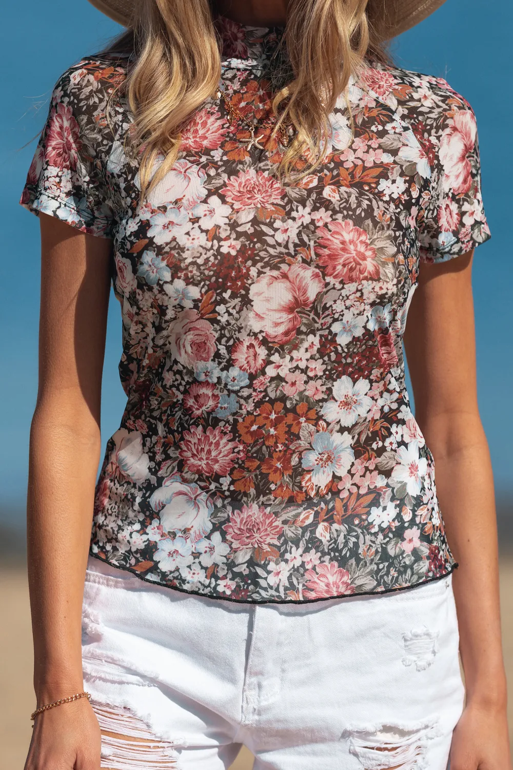Brown Floral Print High Neck Top