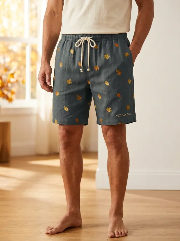 Olive Leaf-print Drawstring Relaxed Fit Shorts