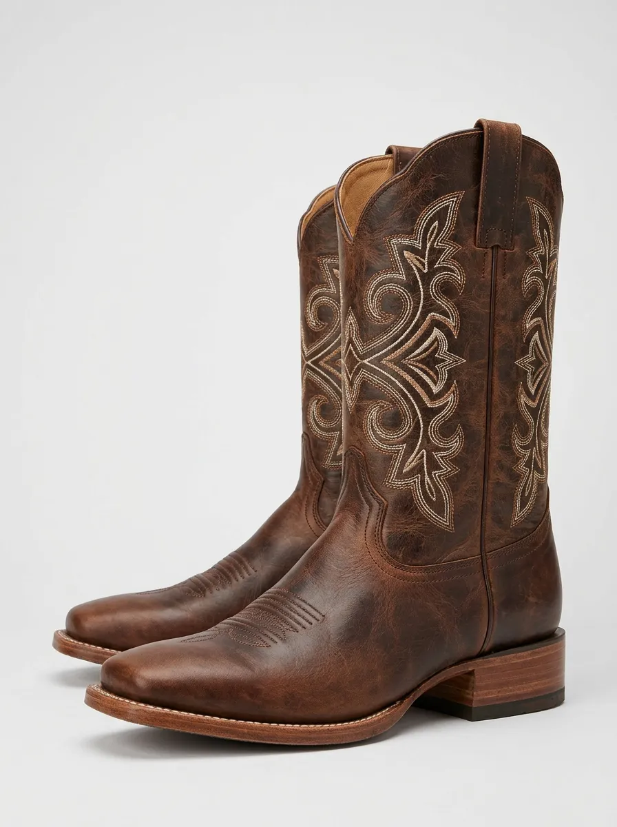 Rodeo-Inspired Embroidered Leather-Look Detail Unisex Western Cowboy Boots