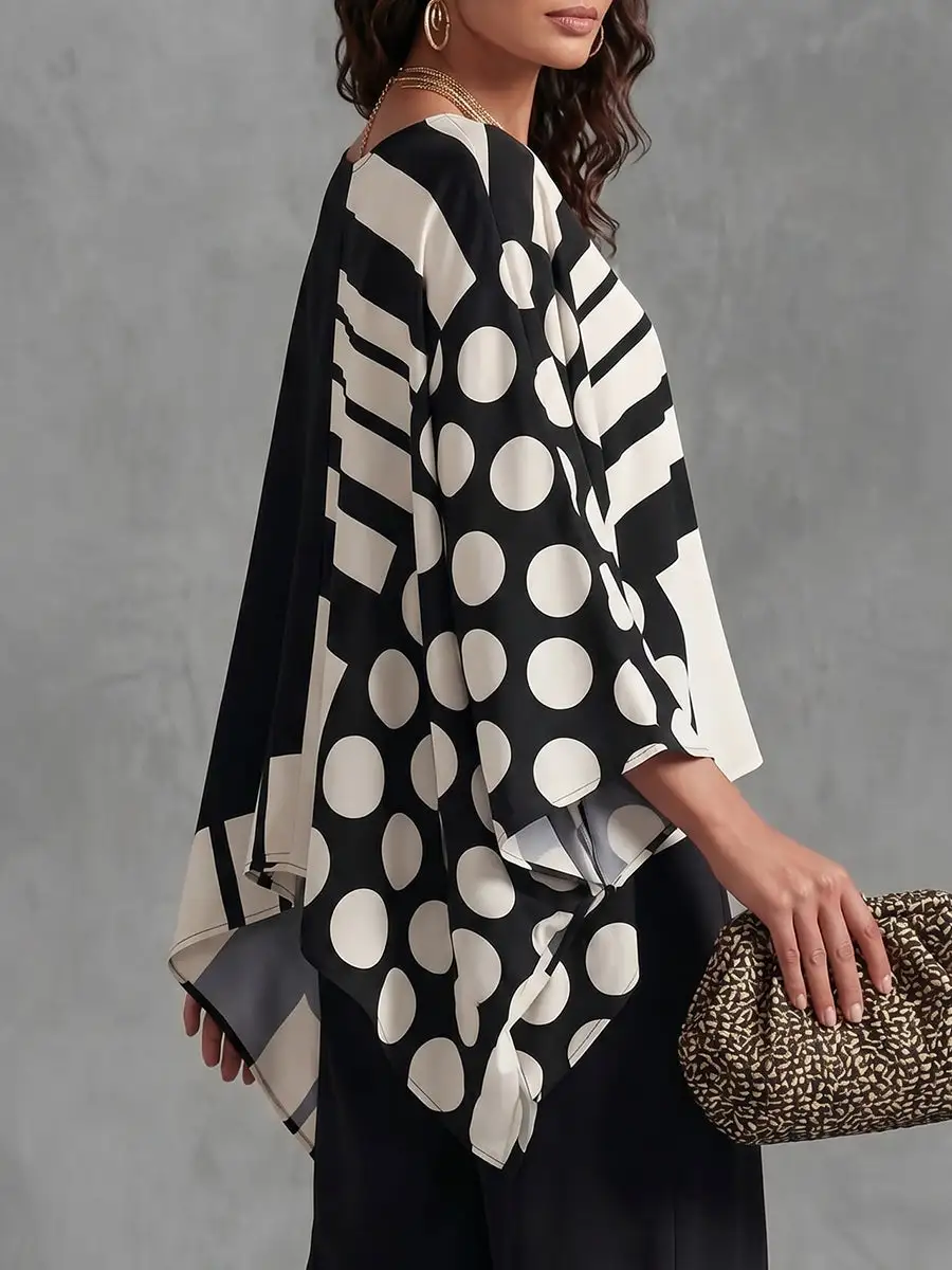 Batwing Sleeve Long Sleeve Contrast Polka Dot Print Round Neck T-Shirt