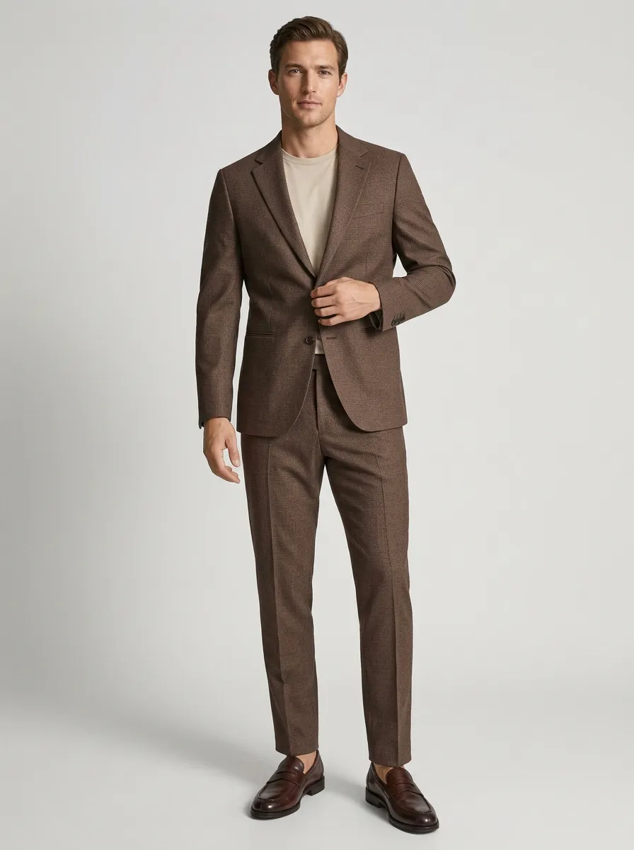 Men's Business Casual Brown Micro-Check Printed Suit Set