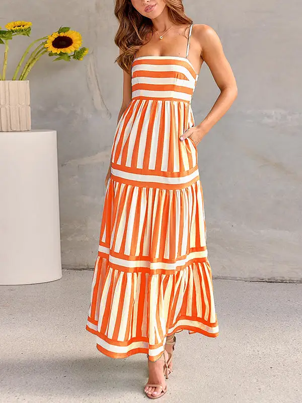 Striped Pleated Sleeveless Neck Maxi Dress