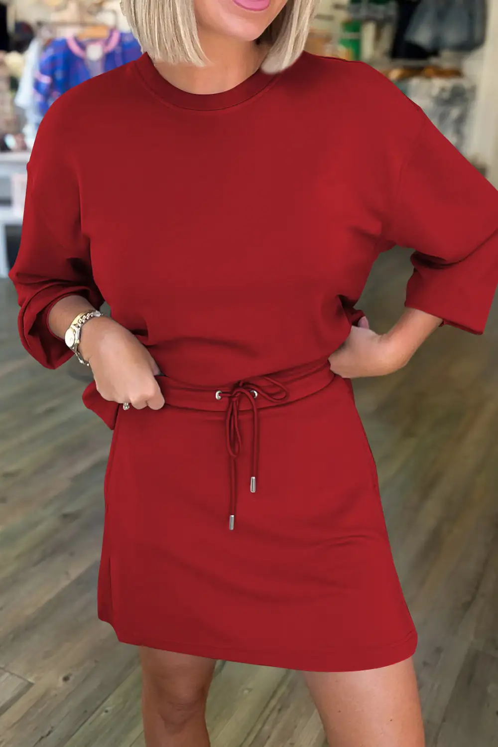 Women's Solid Color Drop Shoulder Pullover Drawstring Mini Skirt Two Piece Outfit