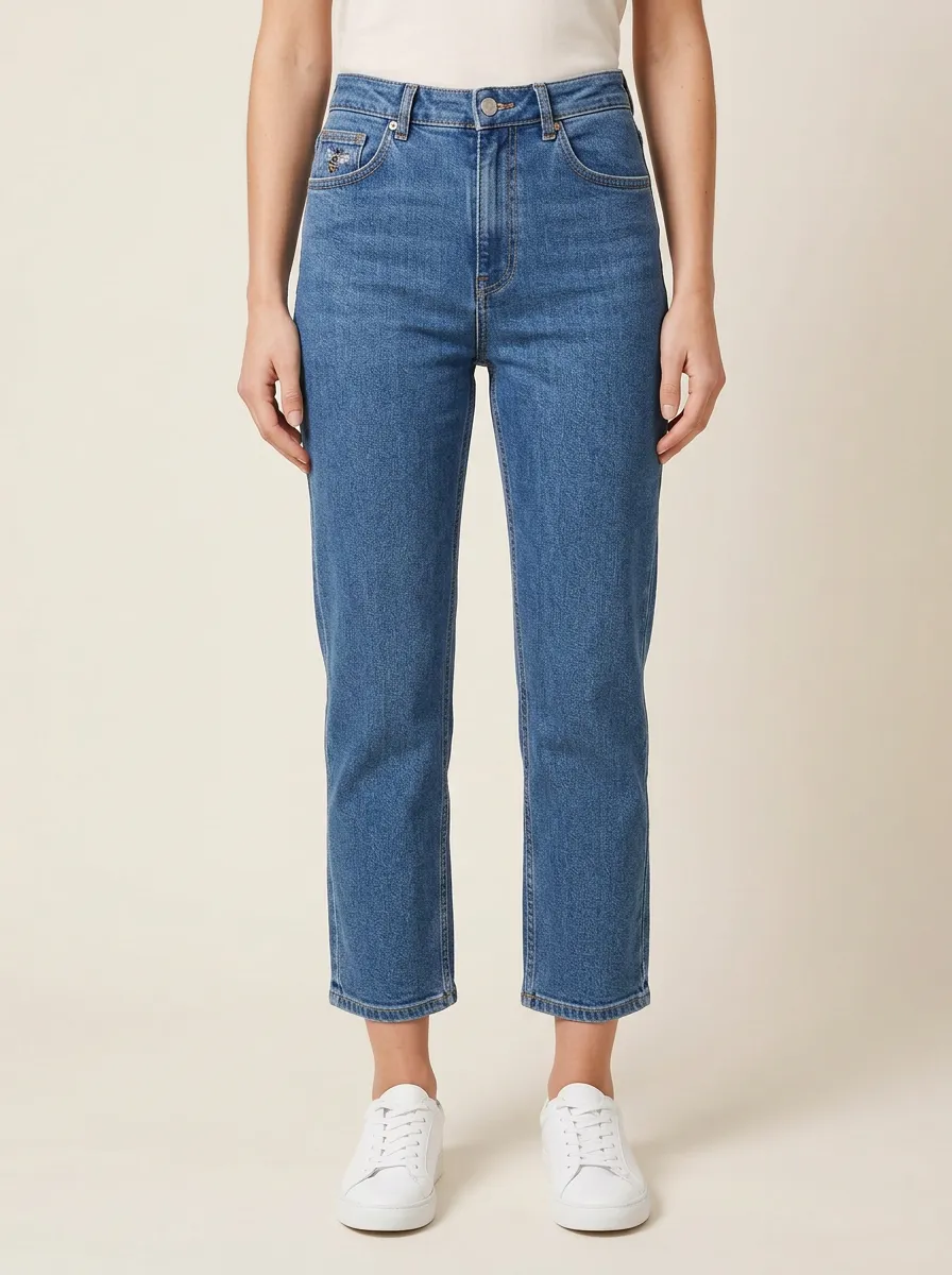 Women's Bee Embroidered Coin-Pocket Contrast-Stitch High-Rise Straight-Leg Jeans