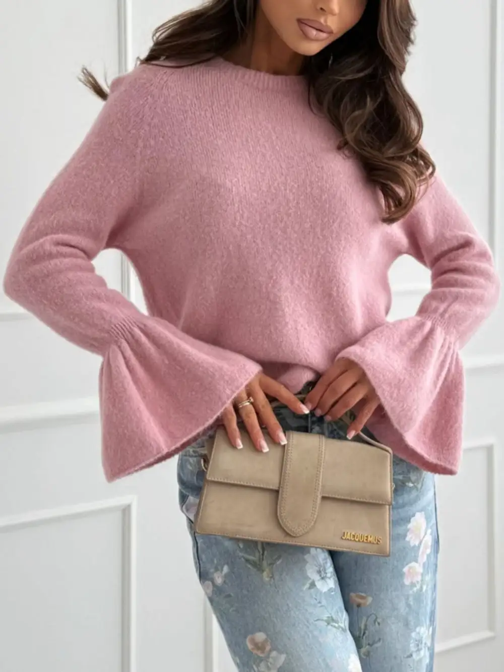 Round Neck Flounce Sleeve Sweater